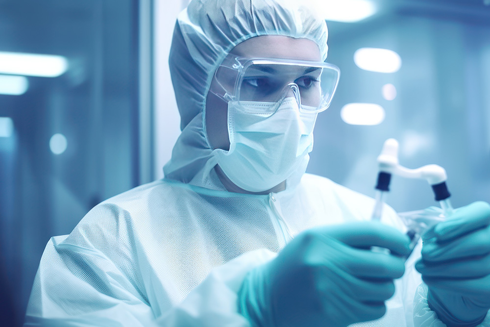 Im Labor: Eine Person trägt eine OP-Maske und Schutzkleidung.